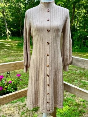 S. Christina 100% Cashmere Tan Small/Medium Ribbed Knit Sweater Dress